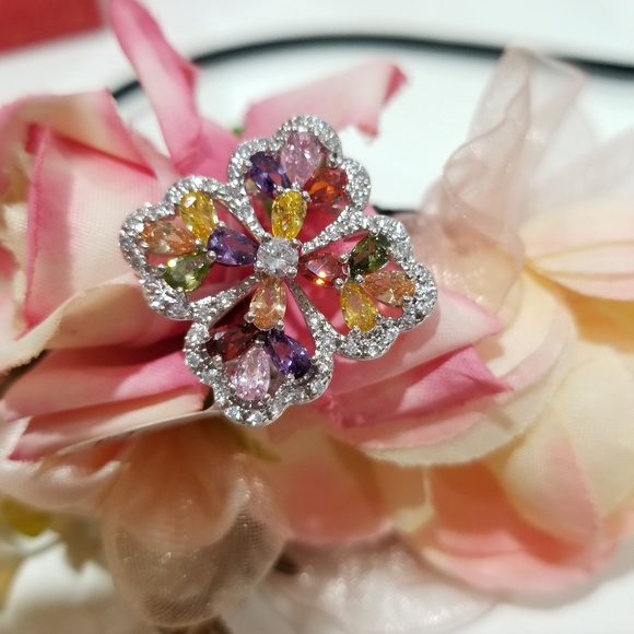 925 Swarovski Elements multi colored Floral rings Women's size 7 - Picture 3 of 8